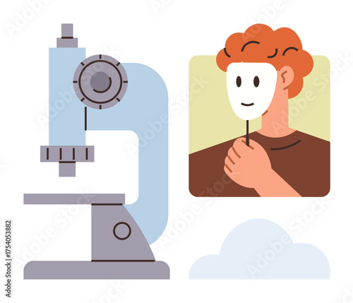 Microscope next to a person holding a mask, exploring themes of identity, science, analysis, research, truth, self-discovery, and innovation. Ideal for education psychology and ethics concepts