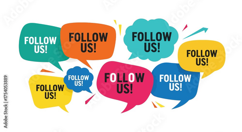 Colorful speech bubbles with the text 'Follow Us!' in various colors and sizes, promoting social media engagement.