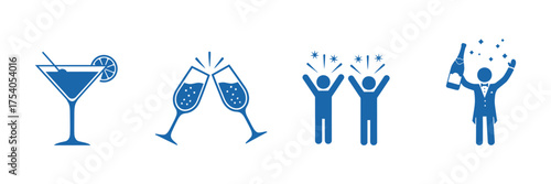 Party and celebration icon set isolated on cocktail, champagne glasses, people celebrating with fireworks and bottle vector illustration for event design on transparent background