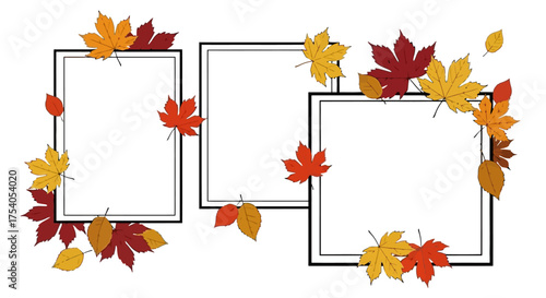 Three frames decorated with autumn leaves in various shades of red, orange, and yellow, creating a seasonal and decorative border.
