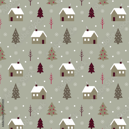 Scandinavian winter seamless pattern with houses fir trees and snowflakes on green background
