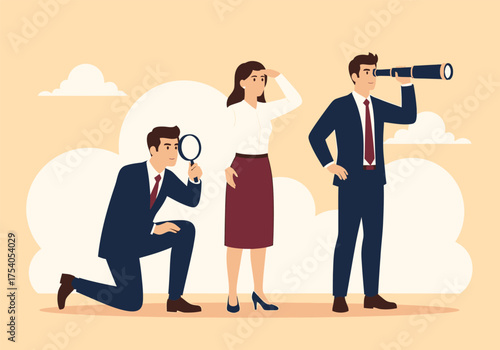 Business team searching for opportunities, vision, and success with magnifying glass and telescope on beige background on transparent background