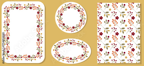 Warm Floral Wreaths and Seamless Autumn Pattern on Yellow