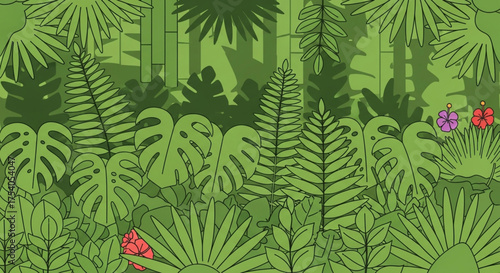 Dense jungle foliage creates a captivating scene, with various leaf shapes and sizes adding depth and texture to the verdant landscape