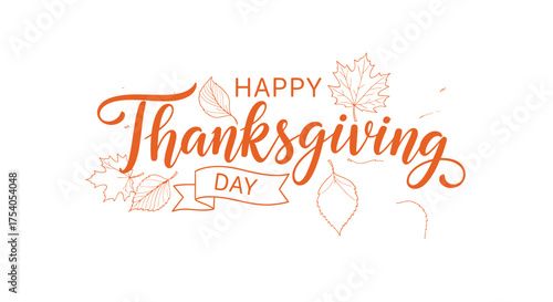 Happy thanksgiving day lettering with leaves isolated on autumn holiday vector illustration with hand drawn text for greeting card on transparent background