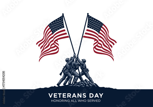 Veterans day vector illustration of soldiers raising the american flag, honoring all who served, on a on transparent background