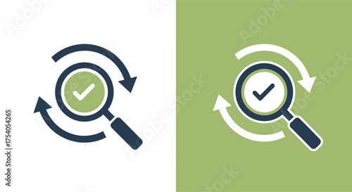 Magnifying glass with check mark and circular arrows isolated on, representing inspection and quality control on transparent background