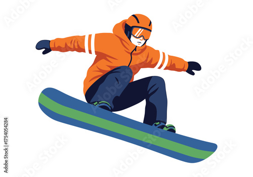 A snowboarder in an orange jacket jumping isolated on, showcasing winter sport and outdoor recreation on transparent background