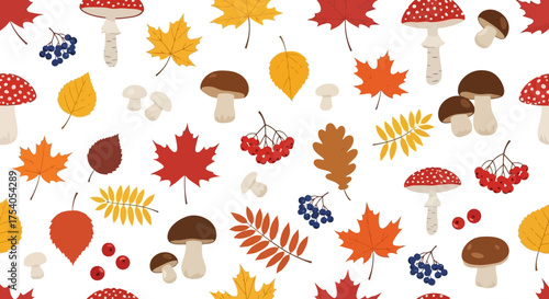 Autumn pattern with leaves, mushrooms, and berries scattered on a white background.