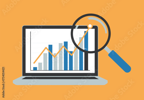 Laptop displaying a business graph with a magnifying glass, representing data analysis, market research, and financial growth isolated on on transparent background