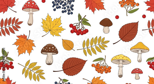 Autumnal illustration featuring various elements such as mushrooms, leaves, berries, and foliage, creating a seasonal pattern.