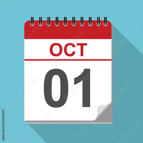 October 1st calendar icon with a long shadow, representing the start of the month, a new beginning, or a specific date isolated on on transparent background
