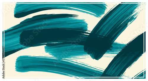 Abstract artistic background with wide, expressive teal and dark green brushstrokes on a light cream canvas.