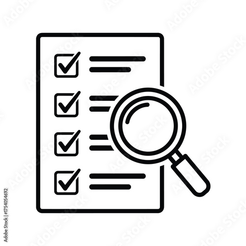 Checklist with magnifying glass isolated on a document with check marks and a magnifying glass for inspection and verification on transparent background