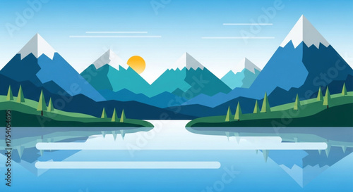 A serene vector landscape featuring mountains, a lake, and a rising sun, creating a peaceful and scenic illustration for backgrounds and designs