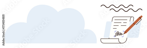 Cloud with a document being signed by a pen, signifying digital storage, e-signatures, and online document handling. Ideal for technology, cloud computing, contracts, workflow, authentication