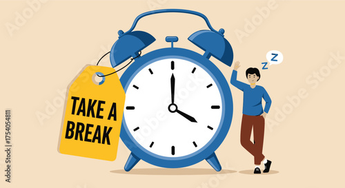 Its time for a break a cartoon man sleeps next to a large blue alarm clock with a tag that says take a break, isolated on on transparent background