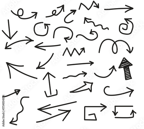 Hand drawn black arrows in various styles and directions isolated on a white background