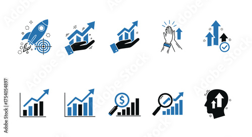Set of business growth icons isolated on contains such icons as rocket, graph, hand, success, chart, diagram, analysis, head, and more on transparent background