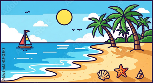 A vibrant beach scene with a sailboat gliding on the water, palm trees swaying in the breeze, and a bright sun shining in the sky, creating a tropical paradise