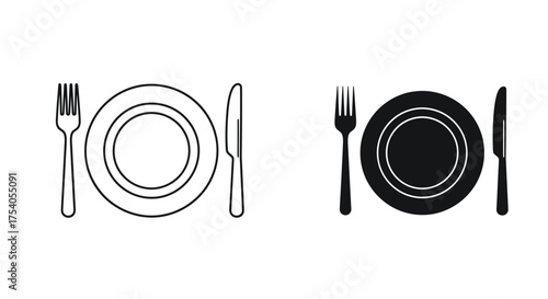 Elegant place setting featuring a plate, fork, and knife, presented in both outline and solid black, isolated on on transparent background
