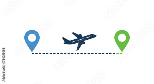 Airplane flying between two location markers, representing travel and navigation, isolated on on transparent background