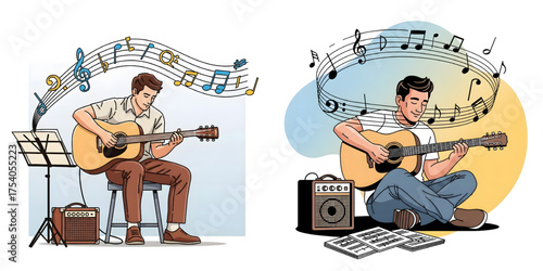 Vector of a musician playing an acoustic guitar, with musical notes floating around him