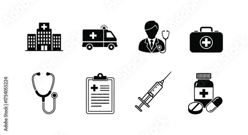 Medical icons set, isolated on the icons are black and white and include a hospital, ambulance, doctor, and first aid kit on transparent background