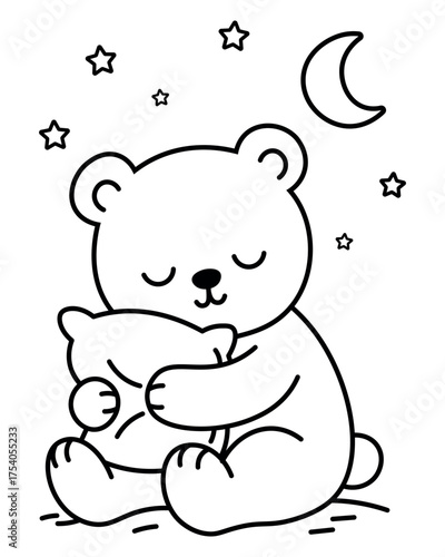 Cute bear with pillow sleeping kids coloring page illustration