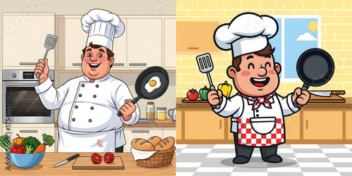 Vector of a cheerful chef wearing a chef's hat and apron, holding a spatula and a frying pan