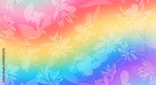 A vibrant rainbow gradient background with delicate floral patterns creating a soft and dreamy effect, perfect for adding a touch of whimsy to designs