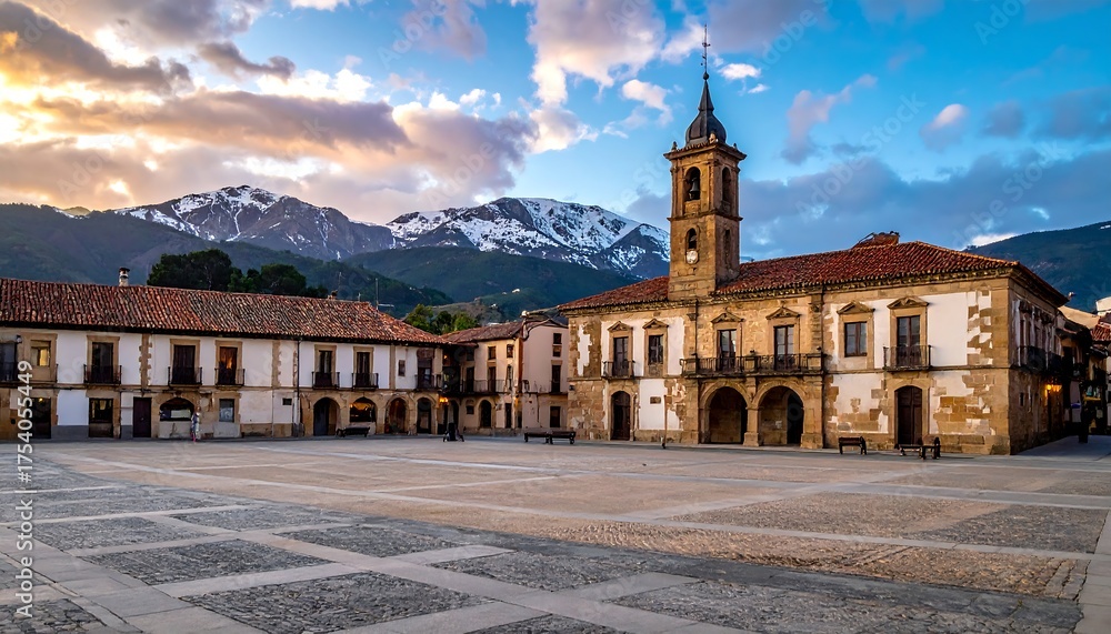 Fototapeta premium Picturesque plaza in a historic town square at sunset with mountain backdrop