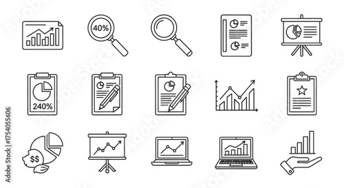 Hand drawn business data icons isolated on, representing analytics, reports, and presentations in a sketch style on transparent background