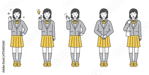 制服姿の女子学生の全身イラスト素材セット