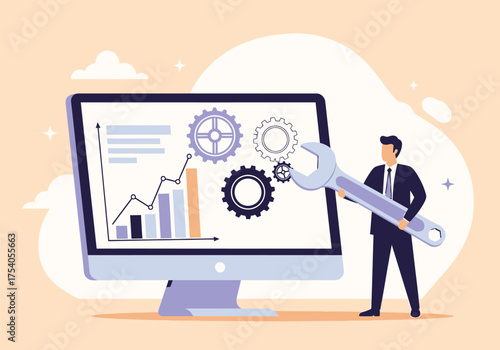 A businessman fixing a computer with a wrench, representing technical support, system maintenance, and business optimization in a modern design on transparent background