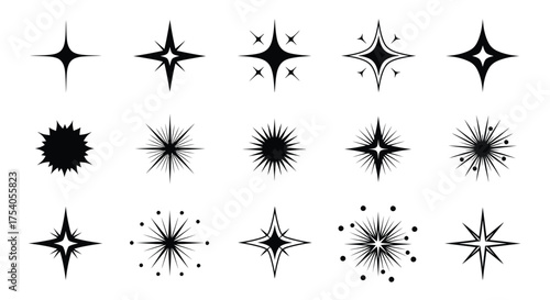 Collection of fifteen different starburst shapes isolated on, perfect for adding a touch of sparkle and magic to your designs and projects on transparent background