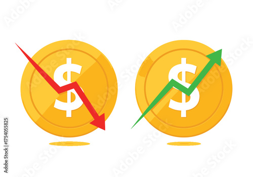 Illustration of coins with upward and downward arrows isolated on, representing financial trends, investment, and economic fluctuations on transparent background