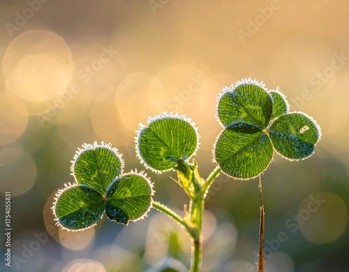 Three vibrant clover leaves with frost-tipped edges against blurred sunlight