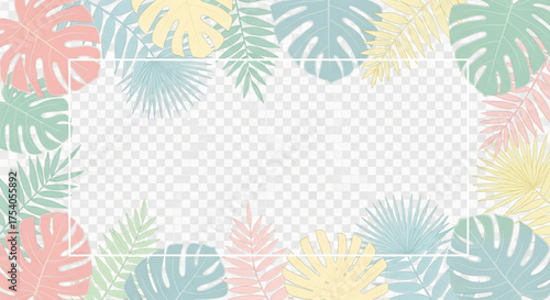 Pastel tropical leaves frame a transparent background, creating a vibrant and refreshing border for any design or invitation with a summer theme