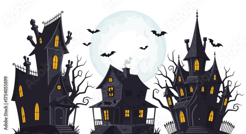 A spooky Halloween illustration of three haunted houses silhouetted against a large full moon with flying bats.