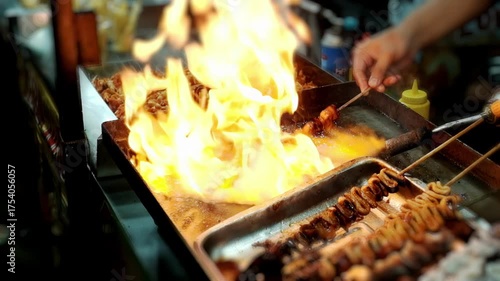 Slow motion of hands of man grilling intestine satay over blazing fire
