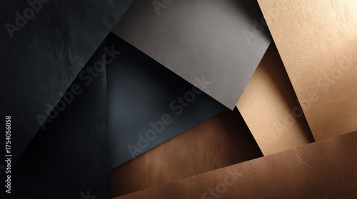 Modern geometric arrangement featuring overlapping angular shapes in neutral and warm tones with a dark background and ample copy space on the right