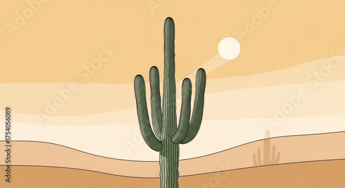 A serene desert landscape features a majestic saguaro cactus silhouetted against a warm, hazy sunset, casting long shadows across the sandy dunes