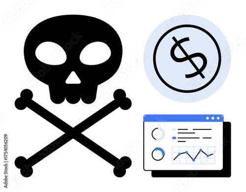 Skull and bones next to dollar sign and analytics dashboard. Ideal for finance, cyber security, risk management, fraud, data breaches, online scams, piracy. Bold simple flat metaphor