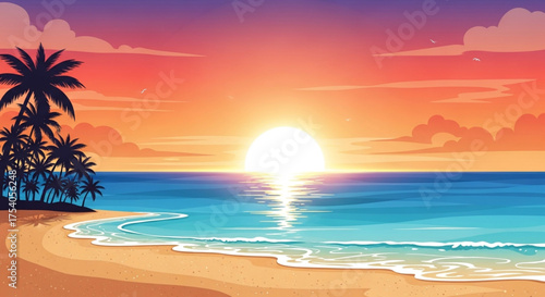 A vibrant tropical beach sunset with palm trees, golden sand, and a colorful sky, perfect for conveying relaxation and vacation vibes