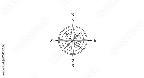 A detailed compass rose icon showing cardinal directions North, South, East, and West, with intricate radial lines