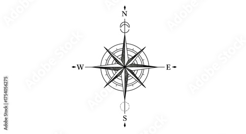 2D minimalist compass tattoo design with fine lines and simple geometry, black and white vector, isolated on white background, travel and direction theme.