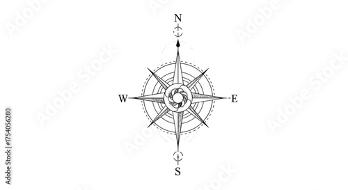 Detailed illustration of a compass rose displaying cardinal directions North, South, East, and West with surrounding intermediate points on a white background