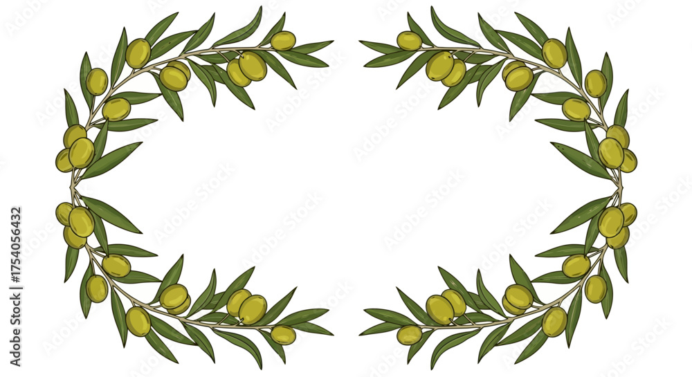 Obraz premium Olive branches frame with green olives and leaves on white background.