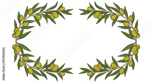 Olive branches frame with green olives and leaves on white background.